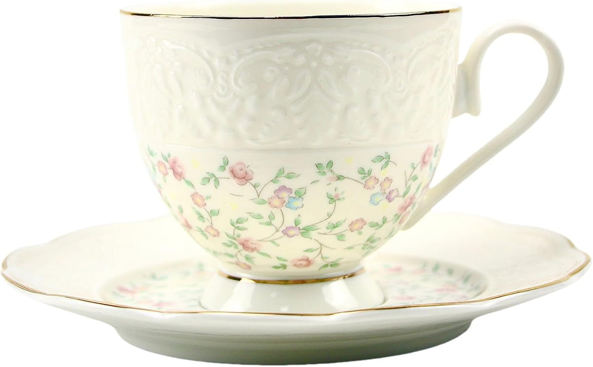 TATSUMI Interglio Embossed Bone China Tea Cup and Saucer Set, 3 Pieces Vintage Style Coffee Cup & Saucer Set For Women Wedding Gift (Starlight Pink, 1 set)