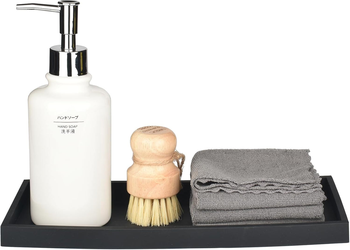 DNC Bathroom Vanity Tray for Counter, 2PC 11.8" Silicone Kitchen Sink Soap Tray for Countertop Dish Holder Dispenser Toilet Tank Desk Organizer Black