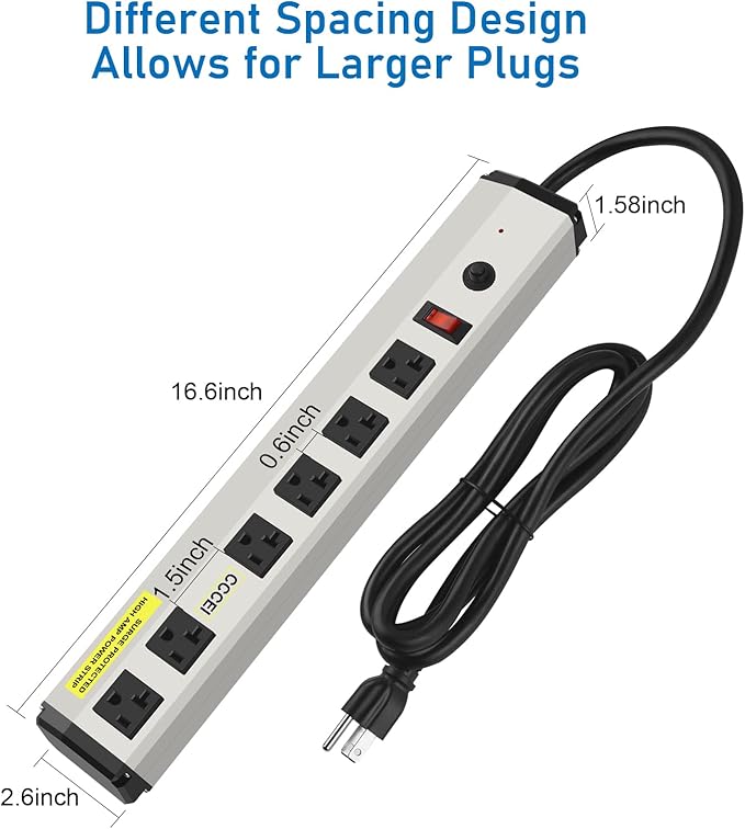 CCCEI Heavy Duty Power Strip Surge Protector 20 Amp, High Amp Industrial Shop Garage Metal Multiple Outlets, 10 FT 12 Gauge 5-15P Extension Cord 6 Outlet 6-20R T-Slot 20a for Appliance.