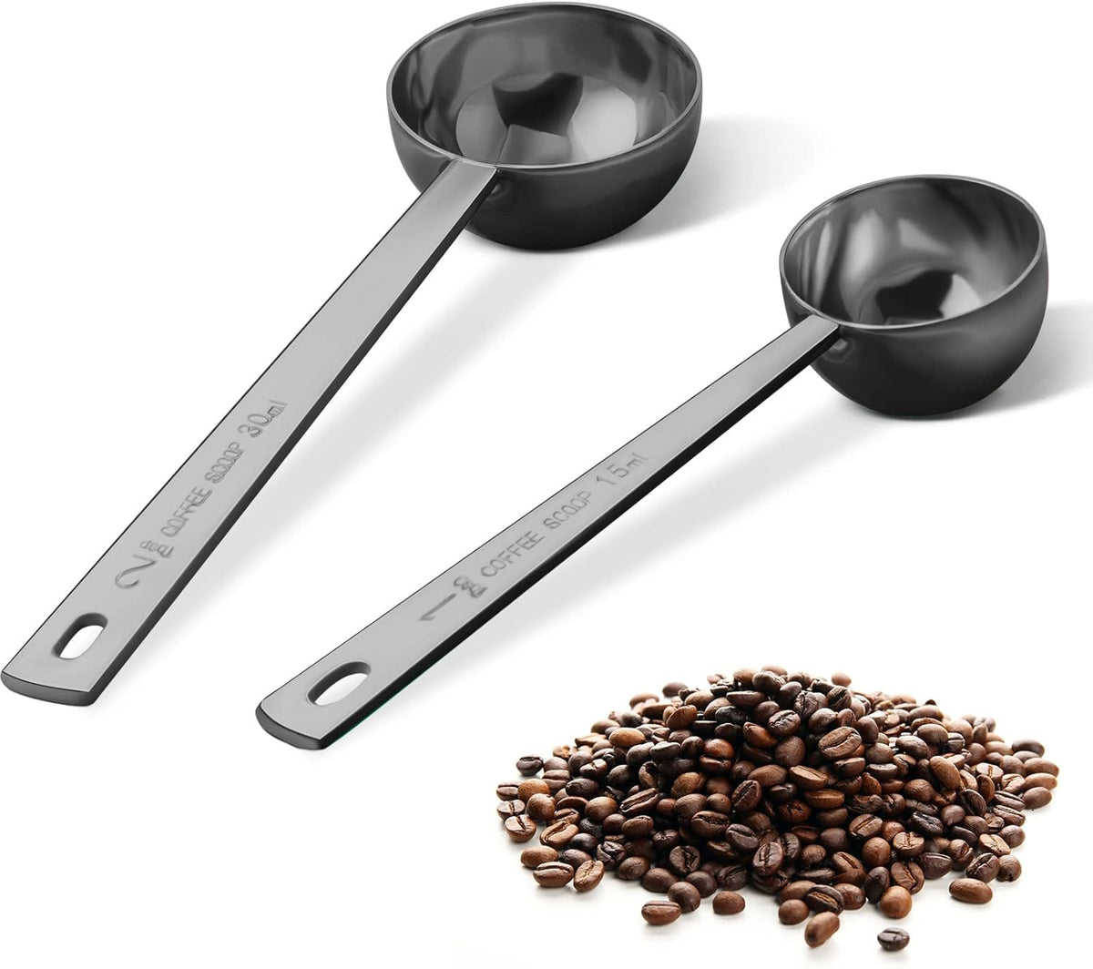 Premium Coffee Scoop Set, Set of 2, Metal Stainless Steel Long Handle Coffee Scoop, Measuring Coffee Spoons Contains 1 Tablespoon (15 ml) and 2 Tablespoons (30 ml) Spoon-Black