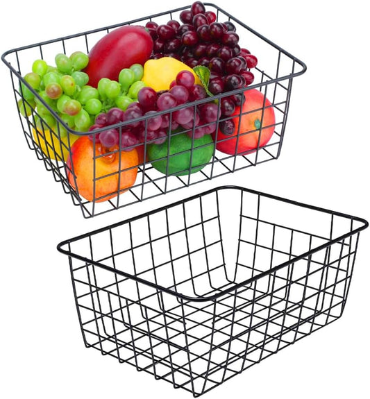 LeleCAT Wire Baskets with Handles Wire Storage Organizer Bin Baskets, Pantry, Closets, Bedrooms - Set of 2（Black）