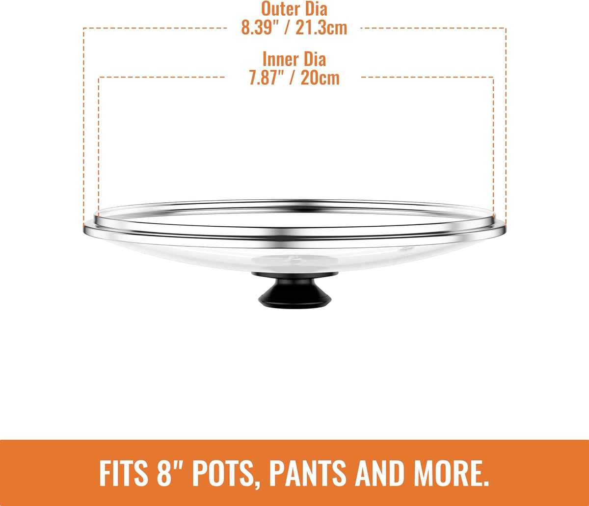 8 Inch Pan Lid For Pots Pans and Skillets, Cast Iron Skillet Lid, Tempered Glass Pan Lids Replacement, Pot Covers for Cooking, Wok, Crock Pot Lid with Stainless Steel Rim, Frying Pot Lids Only