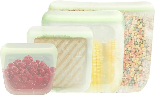 purifyou Set of 4 Reusable Silicone Storage Snack Bags 6oz / 16oz / 32oz / 64oz Self-Seal Food Storage Container for Fruits, Vegetables, Sandwiches, Dishwasher Safe & Leak-free (LimeCream)