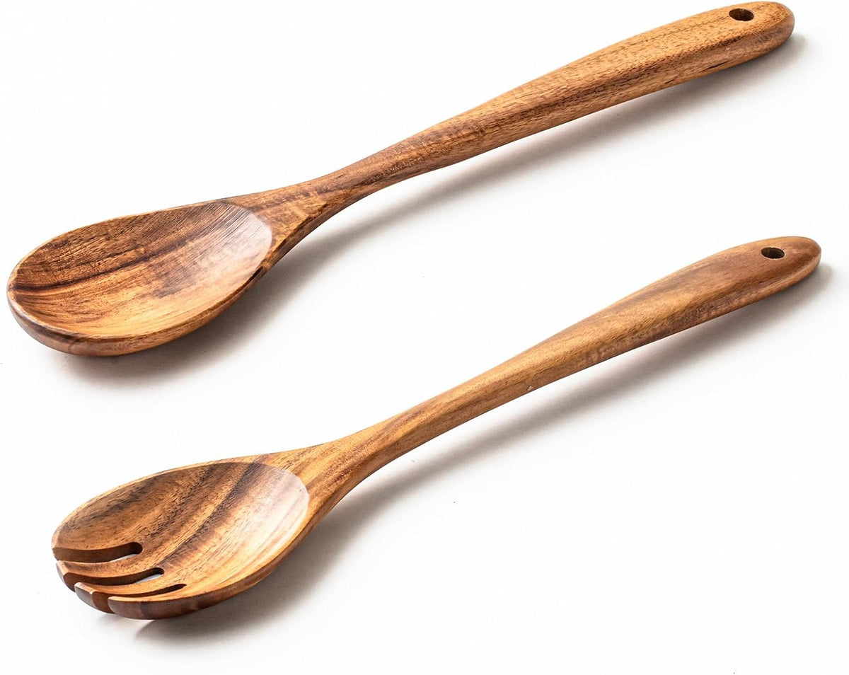 Gudamaye Acacia Wooden Salad Server Set,13 inch Salad Tongs for Serving including Salad Mixing Dinner Fork and Spoon,Long Handle Salad Server Set