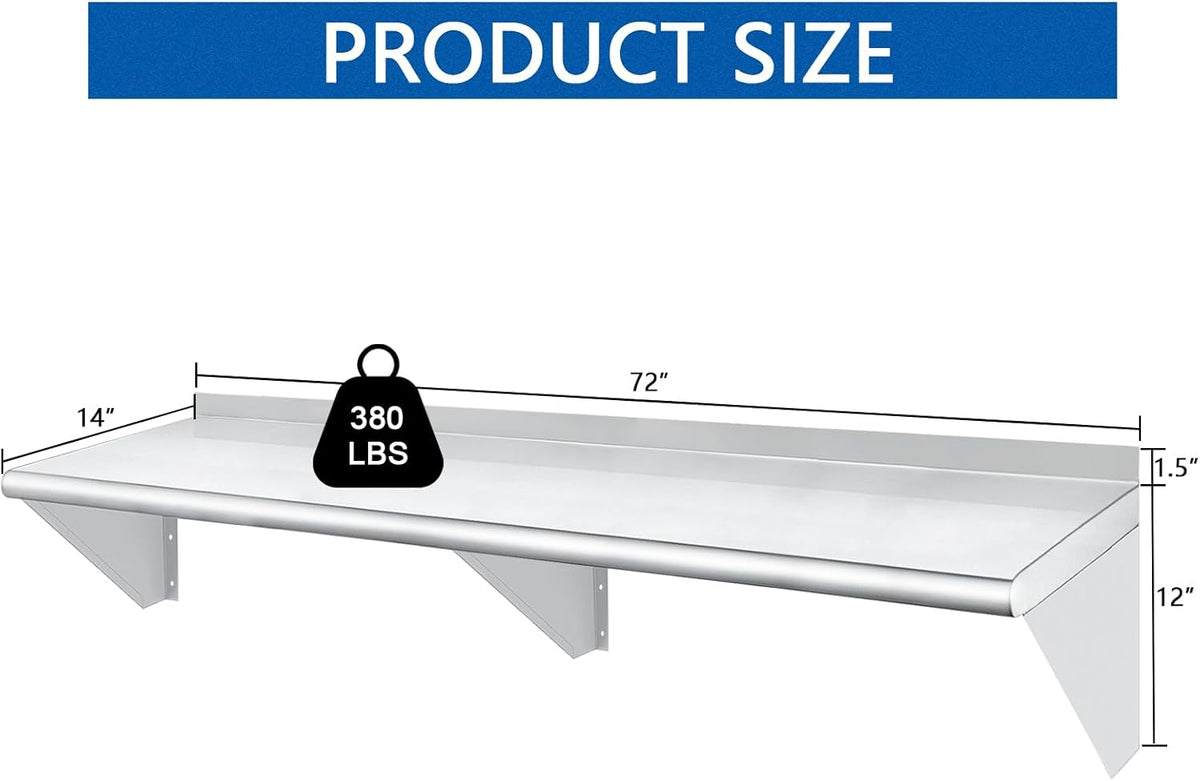 HARDURA Stainless Steel Shelf 14" x 72", 352lb Commercial Shelves Wall Mount Metal Shelving with Backsplash and Brackets for Kitchen, Restaurant, Laundry Room and Home