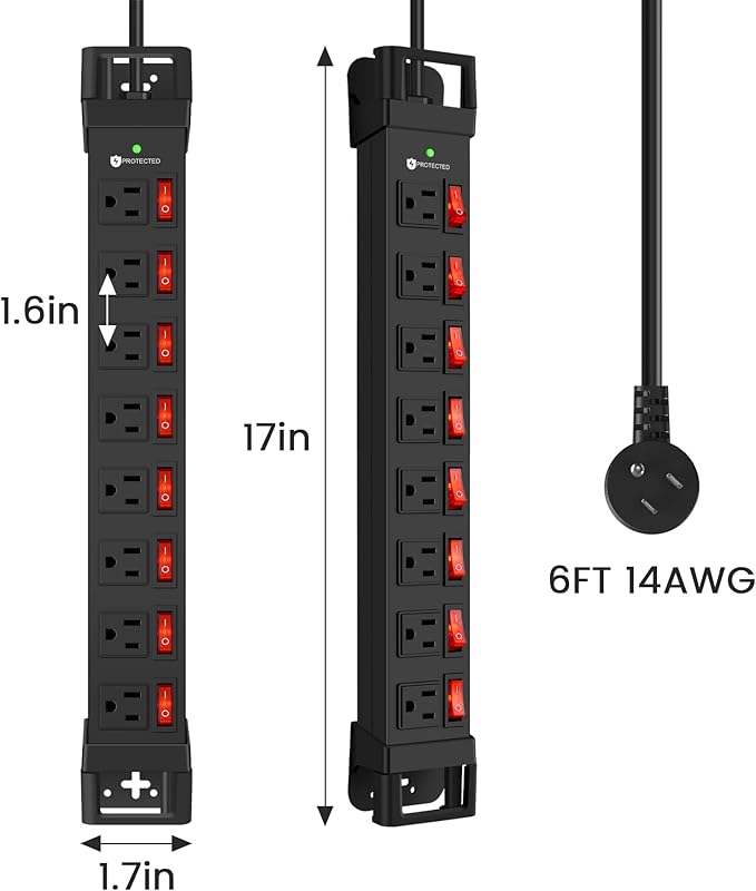 Heavy Duty Power Strip with Individual Switches,8 Outlets 14 Gauge Industrial Shop Garage Metal Multiple Outlets,1200J Surge Protector Mountable Power Strip,6FT Extension Cord Management(Black)