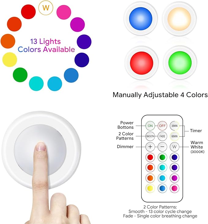 Yiliaw LED Puck Lights with Remote Control, AA Battery Operated, 12 Color Closet Under Cabinet Lighting, Push Tap Light, Under Counter for Kitchen, 3 Pack, White-Magnetic