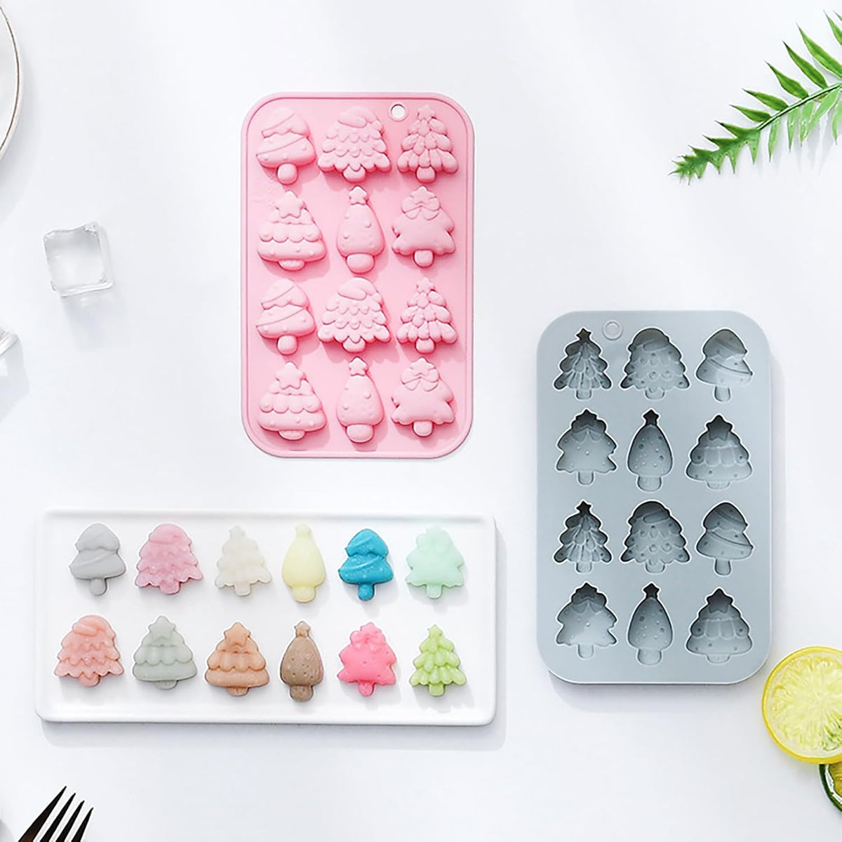 2 Pcs Christmas Tree Silicone Molds, 6 Types 12 Cavity Christmas Tree Shaped Candy Baking Moulds, for Chocolate Jelly Soap Fondant Candy Candles Pastry Gummies Cake DIY Decorating