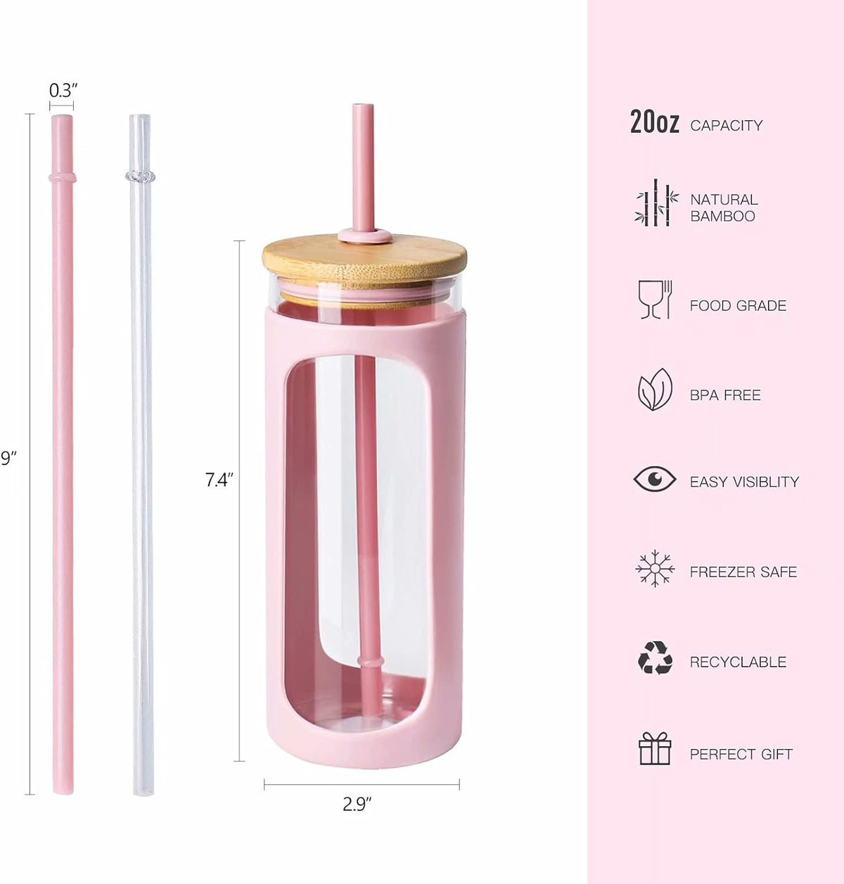 Kodrine 20oz Glass Water Tumbler with Straw and Lid, Bamboo Lids Water Bottle, Iced Coffee Cup Reusable, Wide Mouth Smoothie Cups with Protective Silicone Sleeve BPA FREE-Pink