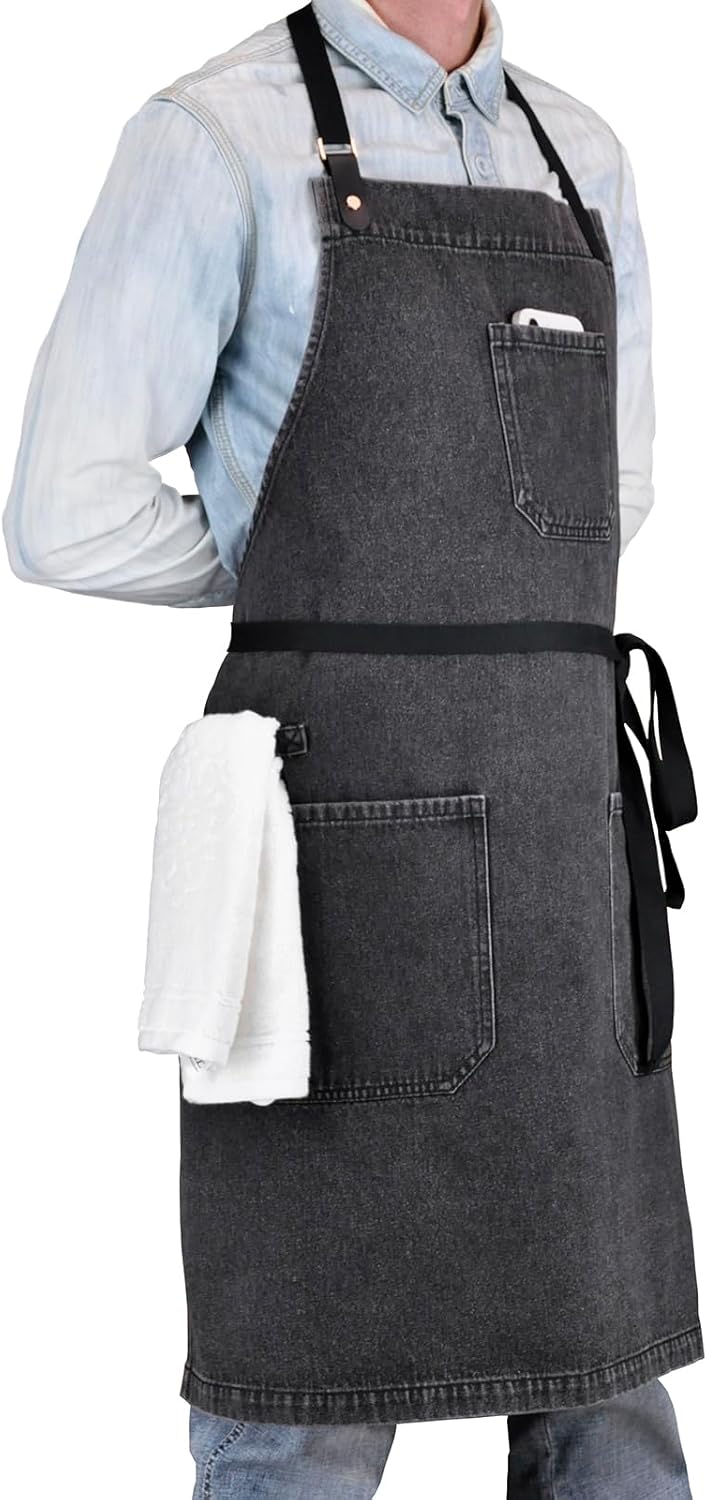 Cooking Apron with Pockets Mens Womens Professional Kitchen Bib Apron for Chef Grill BBQ (Black Denim -2)