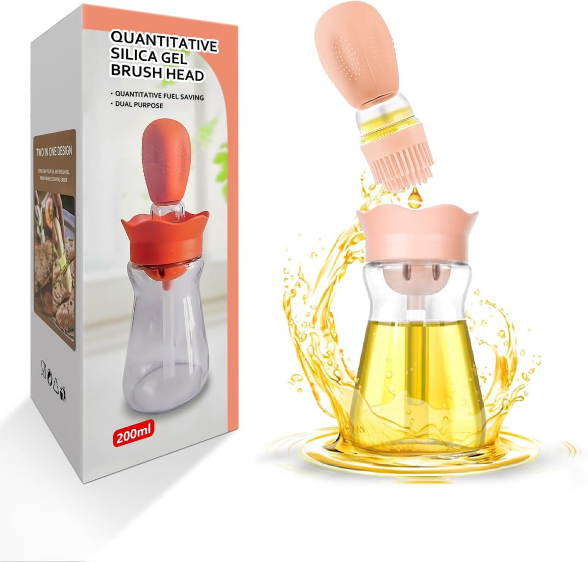 Oil Dispenser Bottle with Silicone Brush, 200ML 2 in 1 Silicone Dropper Measuring Oil Dispenser Bottle for Kitchen Cooking, Frying, Baking, BBQ Pancake, Air Fryer, Marinating - Cream White