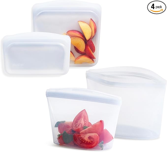 Stasher Premium Silicone Reusable Food Storage Bags, 4-Pack, Clear, Multi-Use Food Storage Bags, Lunch Bag, Travel Containers, BPA Free, Leak-free, Dishwasher-Safe, Eco-friendly