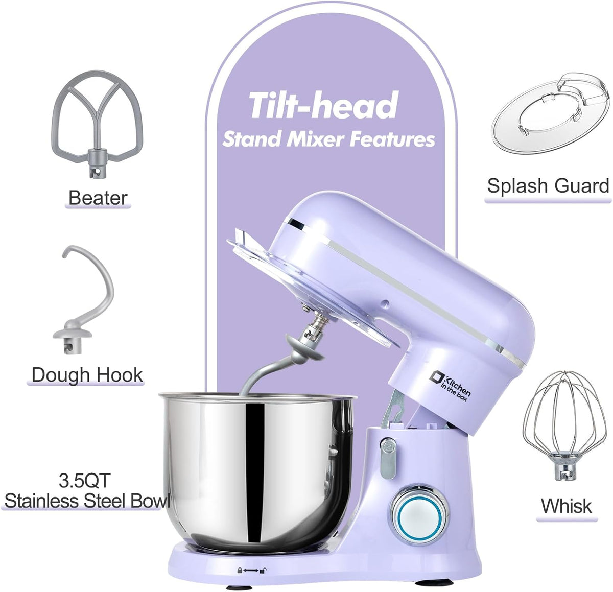 Kitchen in the Box Stand Mixer, 3.5 QT Small Electric Kitchen Mixer, 10-Speed Portable Lightweight Food Mixer with Stainless Steel Bowl, Egg Whisk, Dough Hook, Beater (Lavender Purple)