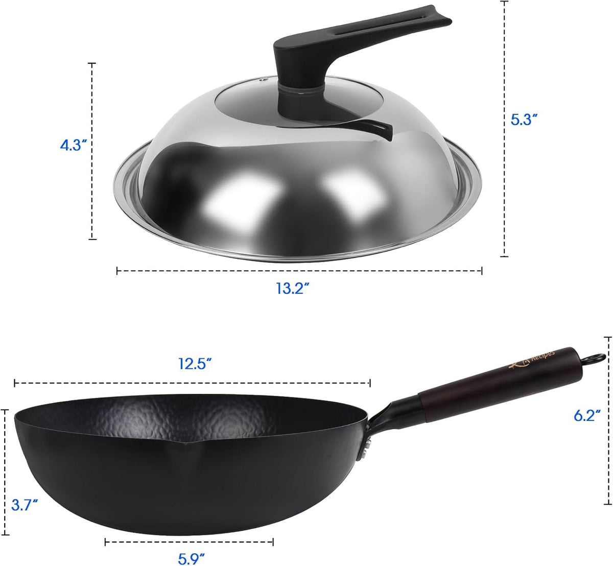 12.5 Inch Carbon Steel Wok For Electric, Induction and Gas Stoves (Lid, Spatula and User Guide Video Included)