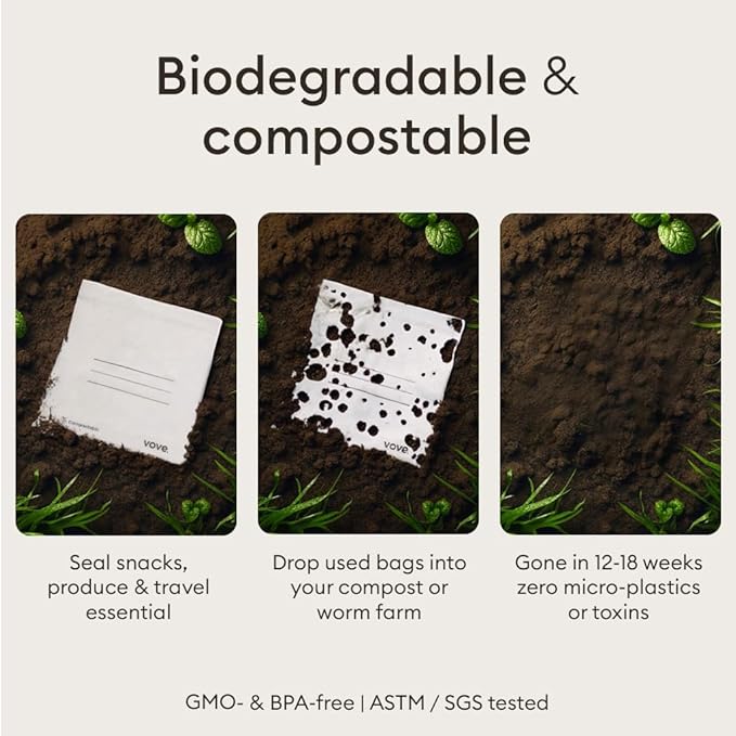 Vove Compostable Snack Bags, Small 50 Count – Freezer Safe, Leak Resistant, Non Toxic, Writable & Reusable Food Storage, Plastic-Free Eco Bags