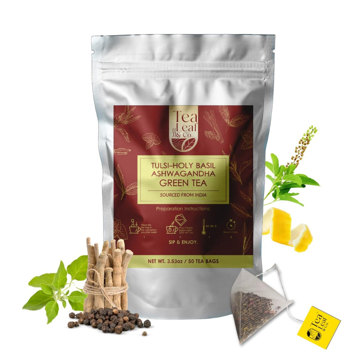 Tulsi Ashwagandha Green Tea Bags (50 Count), Green Tea with Tulsi, Ashwagandha, Lemongrass and Black Pepper, Caffeinated, Real and Natural Green Tea, Blended with Fresh Herbs and Spices, Gluten Free