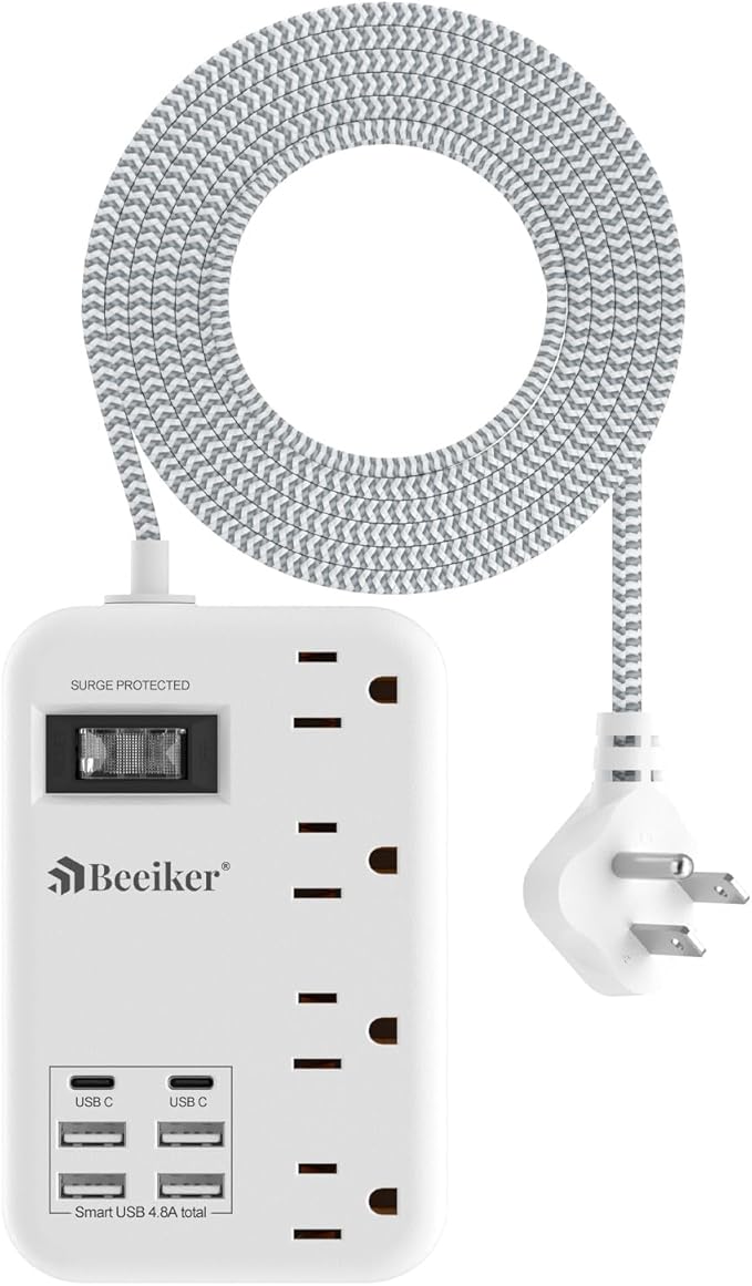 6 USB(2 USB C) Surge Protector Power Strip- 5Ft Travel Power Strip with 4.8A USB Charging Station and 4 Extendable Outlet, 13A Flat Plug Braided Extension Cord with Wall Mount for Travel Office Dorm