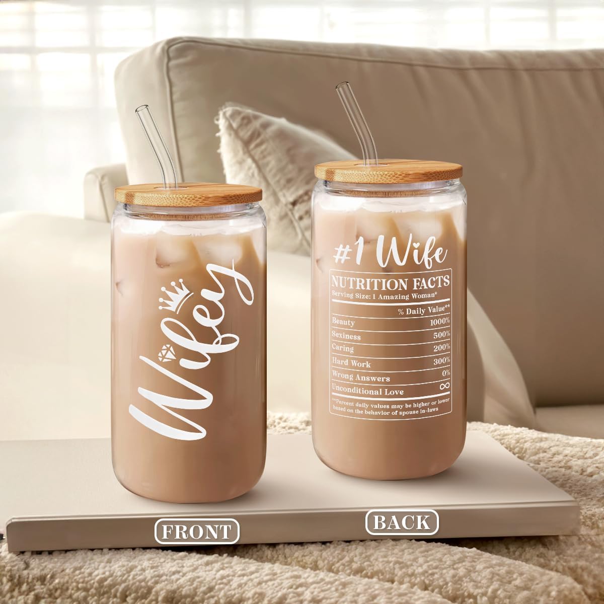 SANDJEST Wife Glass Can, Wifey Cup with Lid & Straw, Iced Coffee Aesthetic Cups, Idea Gift for Christmas Marriage Birthday Anniversary Valentine, Gifts for Women, 16oz