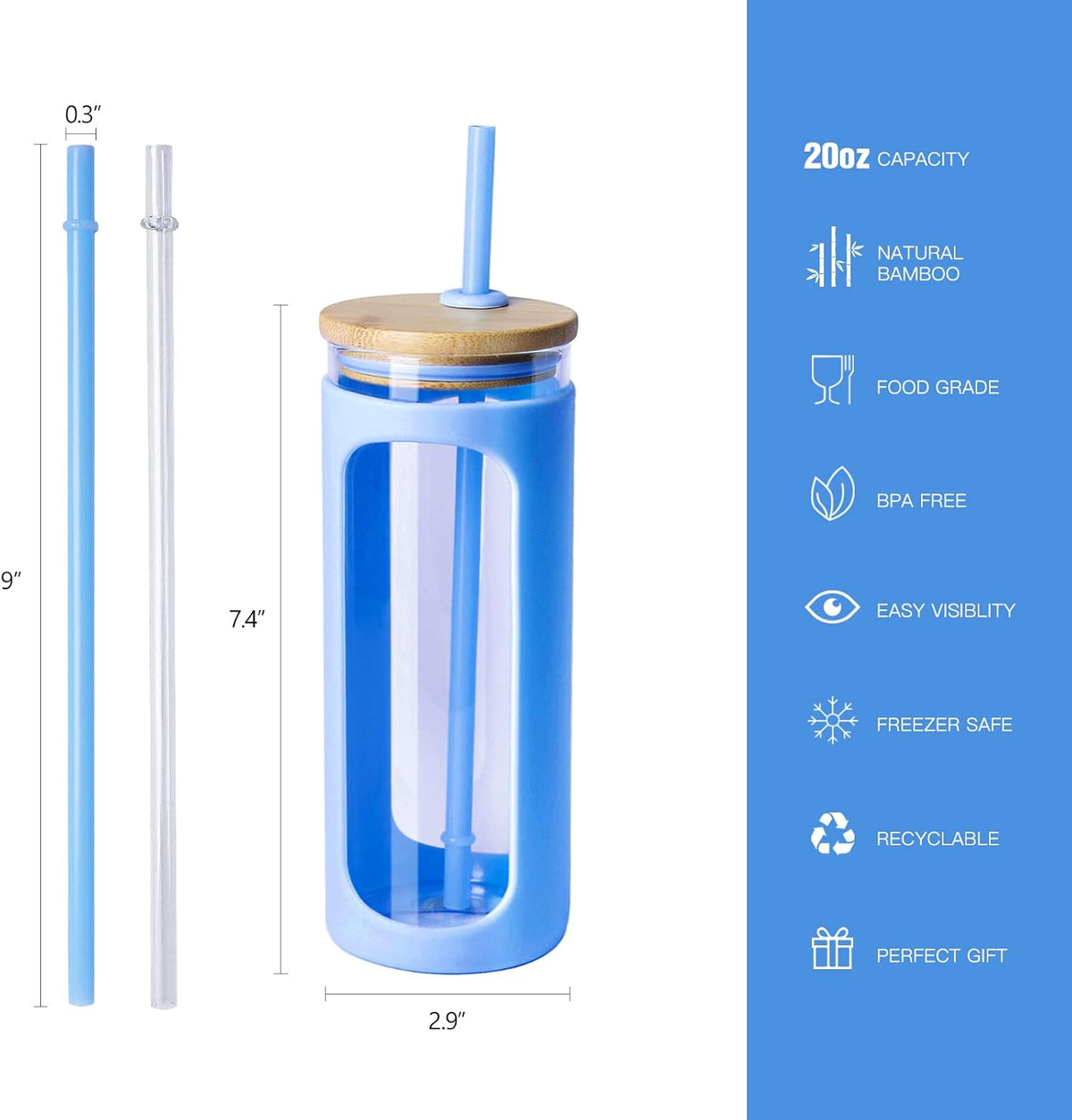 Kodrine 20oz Glass Tumbler with Straw and Lid, Iced Coffee Cups with Bamboo Lids, Glass Cups for Cold Drinks, Smoothie Cup with Silicone Sleeve for Travel, Work, BPA FREE-SkyBlue