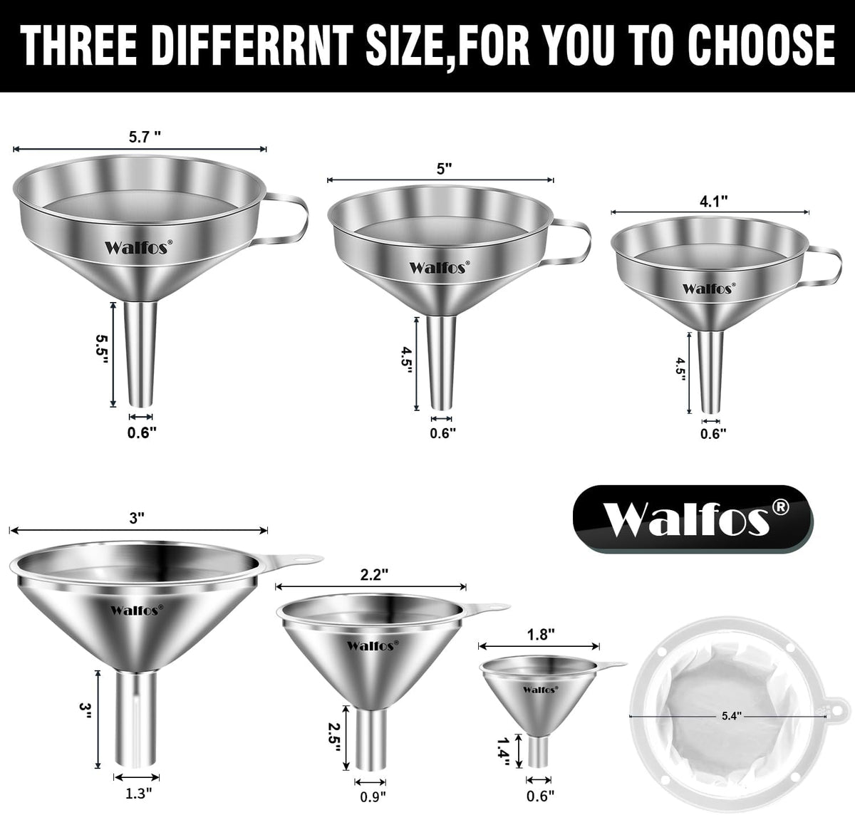 Stainless Steel Funnel, Walfos 6 Different Sizes of Kitchen funnels with 2 Removable Strainer ＆ 1Pcs Cleaning Brush, 200 Mesh Food Filter Strainer,for Transferring of Liquid, Oils, Jam, Powder