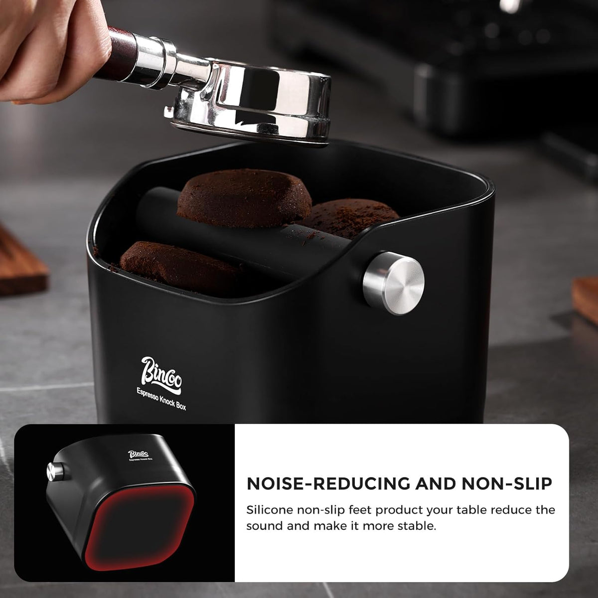 Bincoo Square Coffee Knock Box 0.8L –ABS Espresso Knock Bin with Non-Slip Base, Wide 4.6" Slanted Opening & Detachable Silicone Knock Bar for Easy Cleaning and Quiet Use(Gray(square))