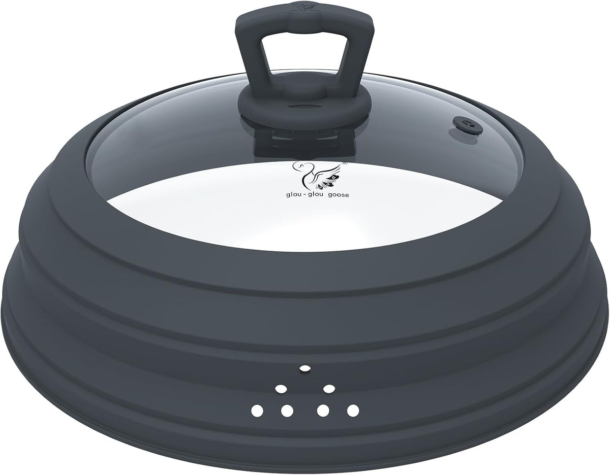 Microwave Splatter Cover Vented Glass Splatter Guard Lid with Collapsible Silicone for Food as Pot Cover Plate 10.8 inch for 6 7 8 9 10 inch Plate Bowl