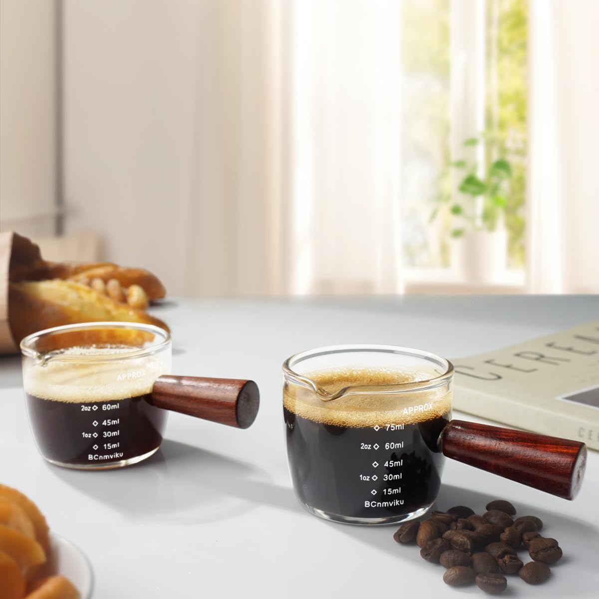 1 Pack Espresso Shot Glass 75ML Triple Pitcher Barista Single Spouts With Wood Handle By BCnmviku
