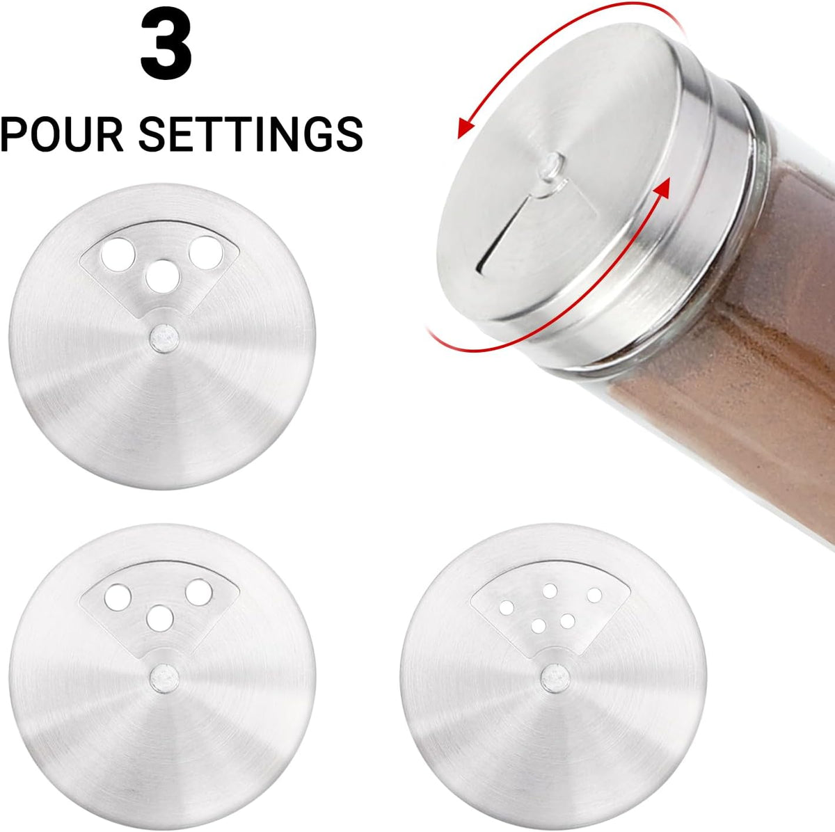 Segarty Spice Jars, 3 Pack 3 oz Spice Bottles with Shaker Lids, Glass Empty Seasoning Containers with Adjustable Pour Holes for Kitchen Spice Storage Stainless Steel Flow Top Salt and Pepper Shakers