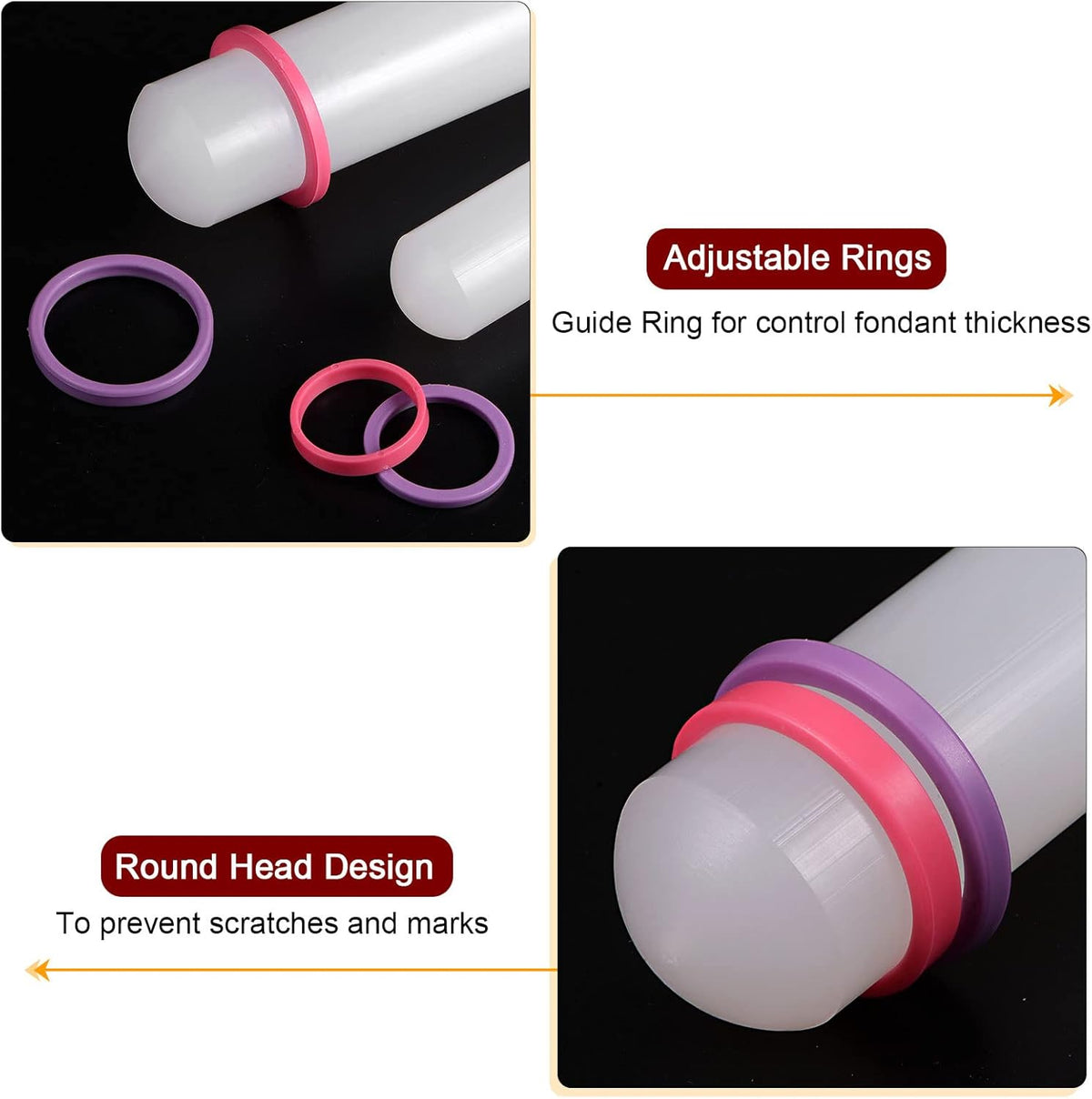 HARFINGTON Fondant Rolling Pin 18 Inch x 0.98 Inch Adjustable Guide Rings Non-Stick PP Plastic Fondant Roller Dough Roller Kitchen Decorating Tools for Cookie Pastry Pizza Clay