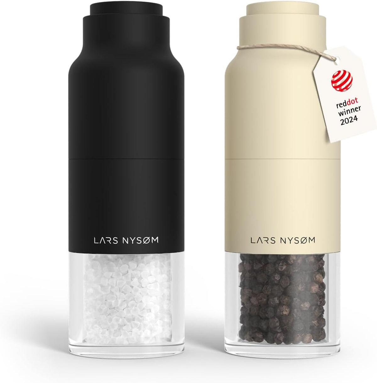 LARS NYSØM Salt and Pepper Grinder Set, Stainless Steel Manual Salt and Pepper Mills, Adjustable Ceramic Grinder, Design Spice Shakers (Black/Beige)