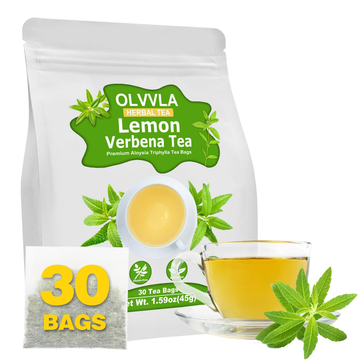 Olvvla - Premium Lemon Verbena Tea Bags - 1.5g X 30 Count - Pure Natural Cedron Herb - Caffeine-free - Non-GMO - Lemon Tea - Verbena Tea - Support Digestion & Promote Relaxation