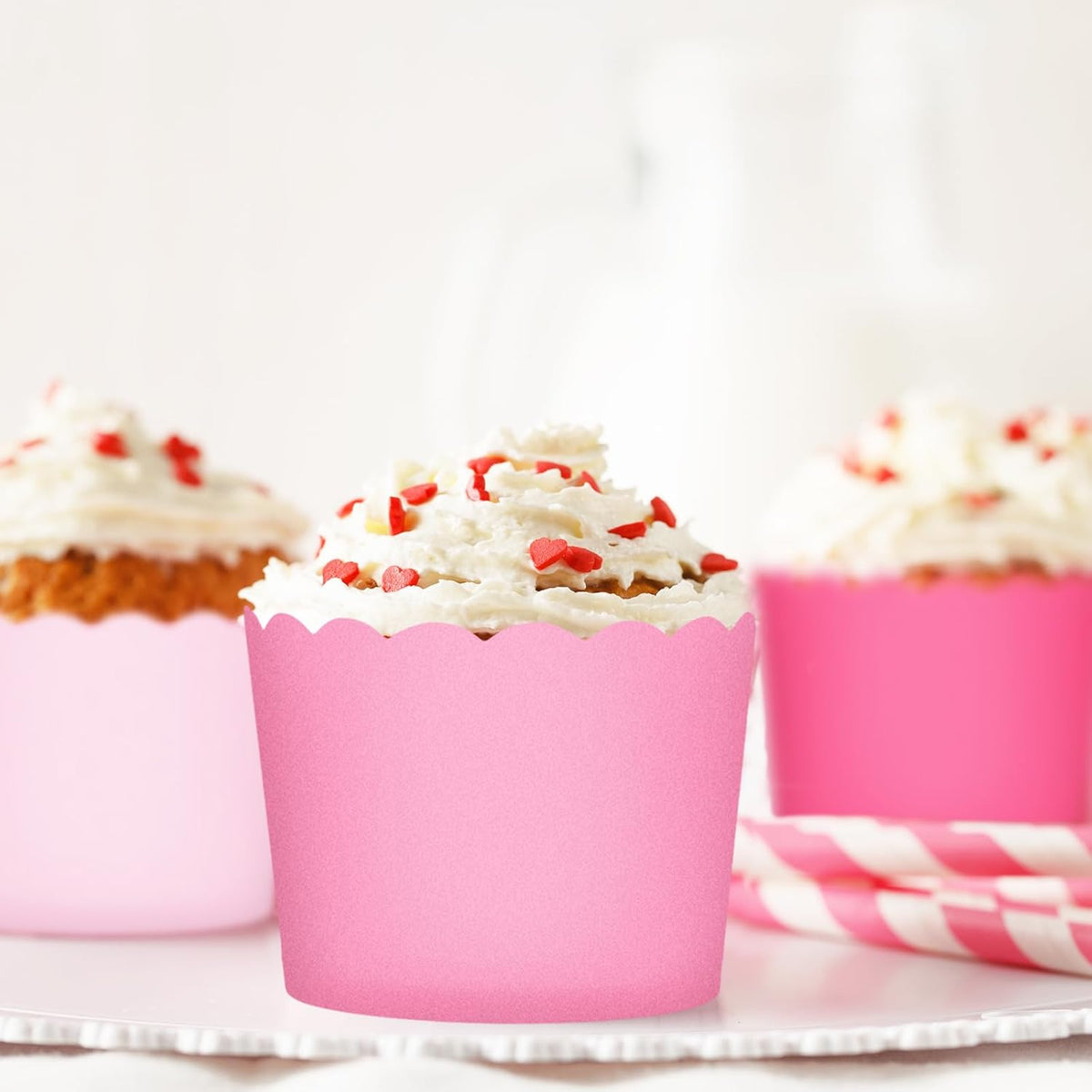 Whaline 120Pcs Pink Paper Baking Cups Scalloped Edge Cupcake Wrappers Gradient Pink Cupcake Muffin Cases for Valentine Wedding Birthday Baby Shower, 3 Colors