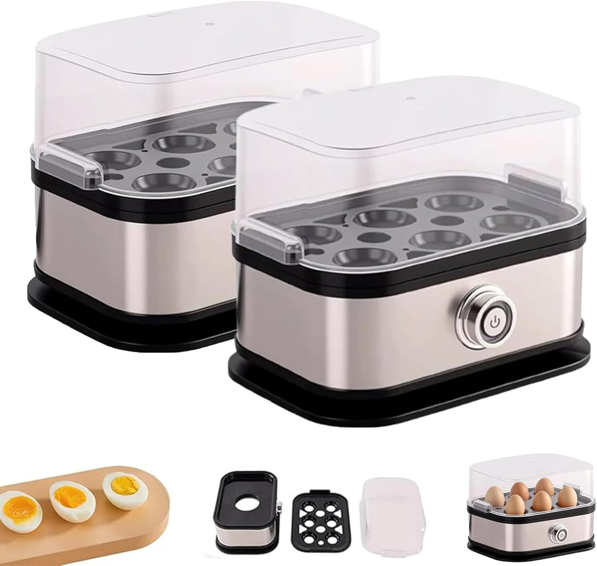 Sunny Side Master Egg Cooker, Multi-functional 6-Egg Rapid Cooking Capacity, Electric Poacher with Stainless Steel Design, For Soft Medium Hard Boiled Eggs and Omelettes (2Pcs)