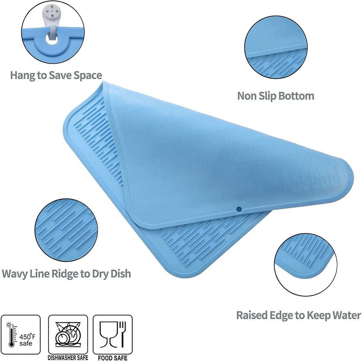 Silicone Dish Drying Mat for Multiple Usage,Easy clean,Eco-friendly,Heat-resistant Silicone Mat for Kitchen Counter or Sink,Refrigerator or Drawer Liner Light Blue 2XL 24 inches x 18 inches