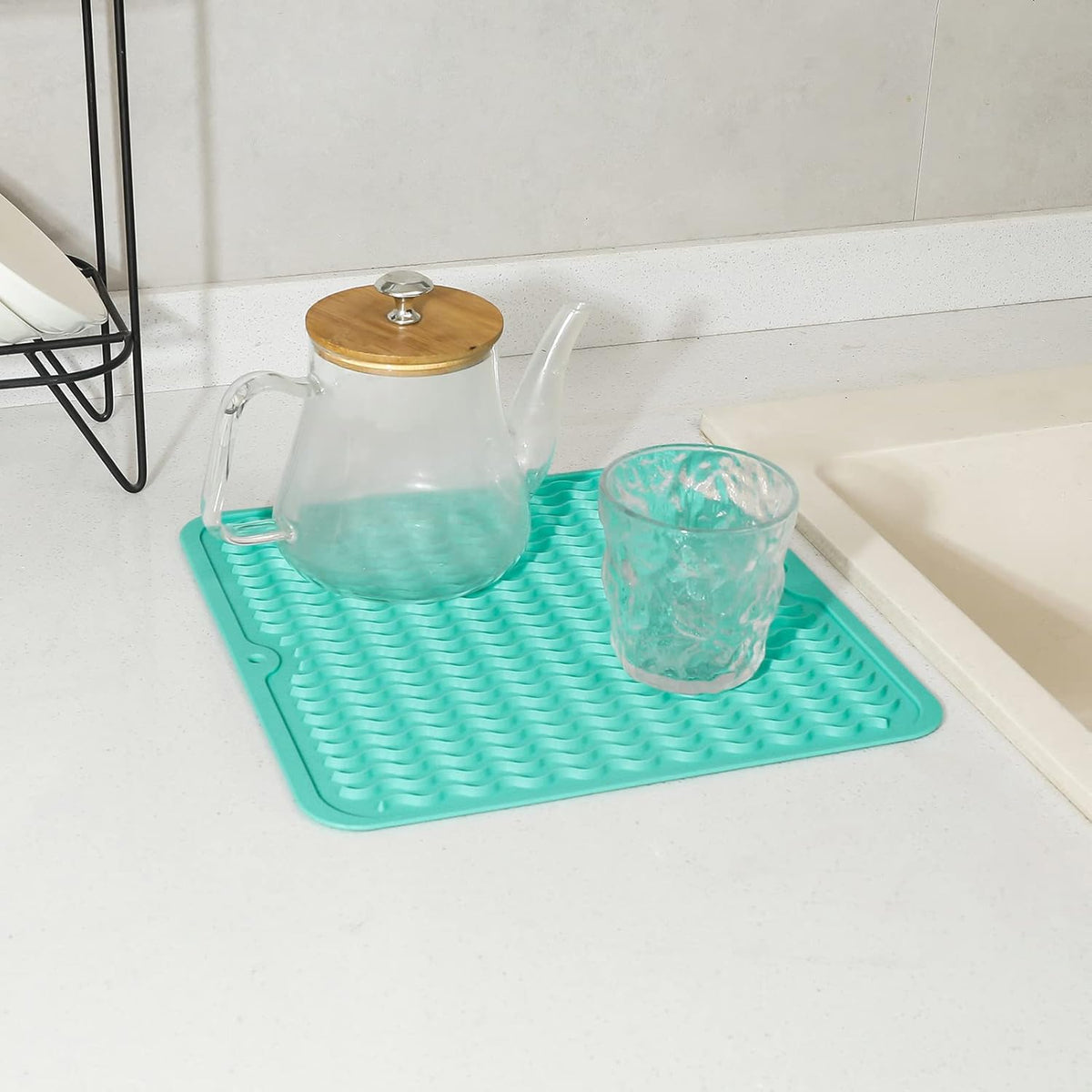 Silicone Dish Drying Mat for Multiple Usage,Easy clean,Eco-friendly,Heat-resistant Silicone Mat for Kitchen Counter or Sink,Refrigerator or Drawer liner Mint M 12 inches x 12 inches