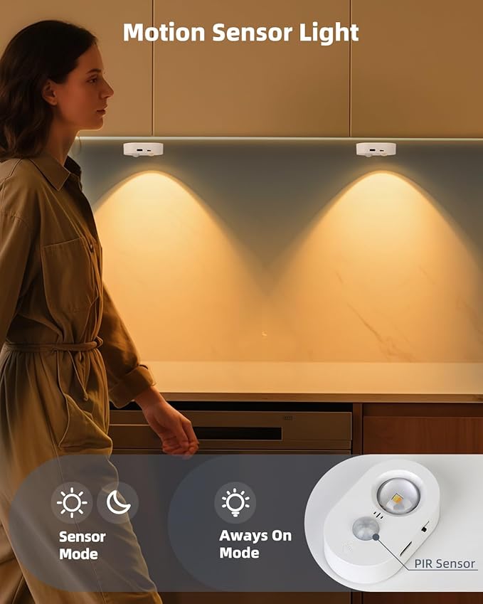 Yiliaw LED Motion Sensor Puck Lights Indoor, Small Rechargeable Under Cabinet Lighting, Dimmable Warm White Closet Lights, Stick on Wireless Night Light for Drawer, Shelf, Kitchen, White (9 Pack)