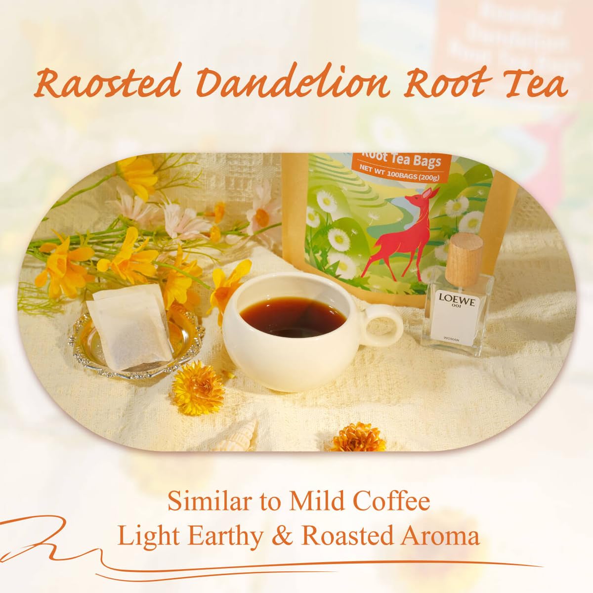 WT WEETEE Roasted Dandelion Root Tea Bags, 100 Count Dandelion Tea with Light Earthy & Roasted Aroma, Natural Caffeine Free Herbal Tea, Coffee Alternatives