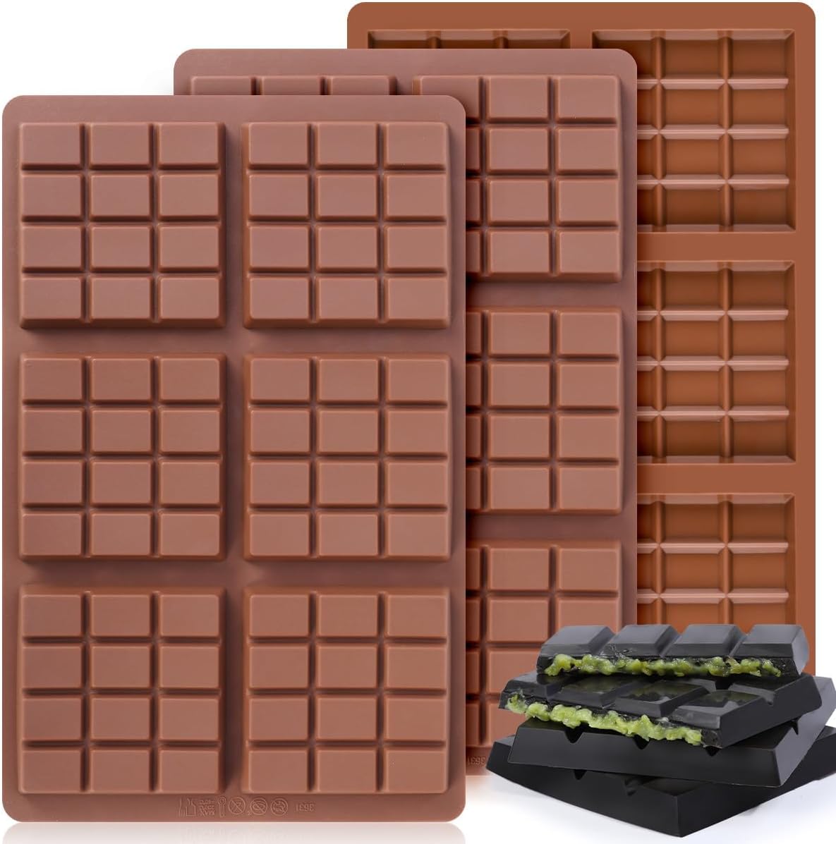 Deep Chocolate Bar Mold, Square Thick Silicone Chocolate Bar Mold for Stuffed Chocolate Bar, Wax Melt, Candy Bar Mold 3 Pack