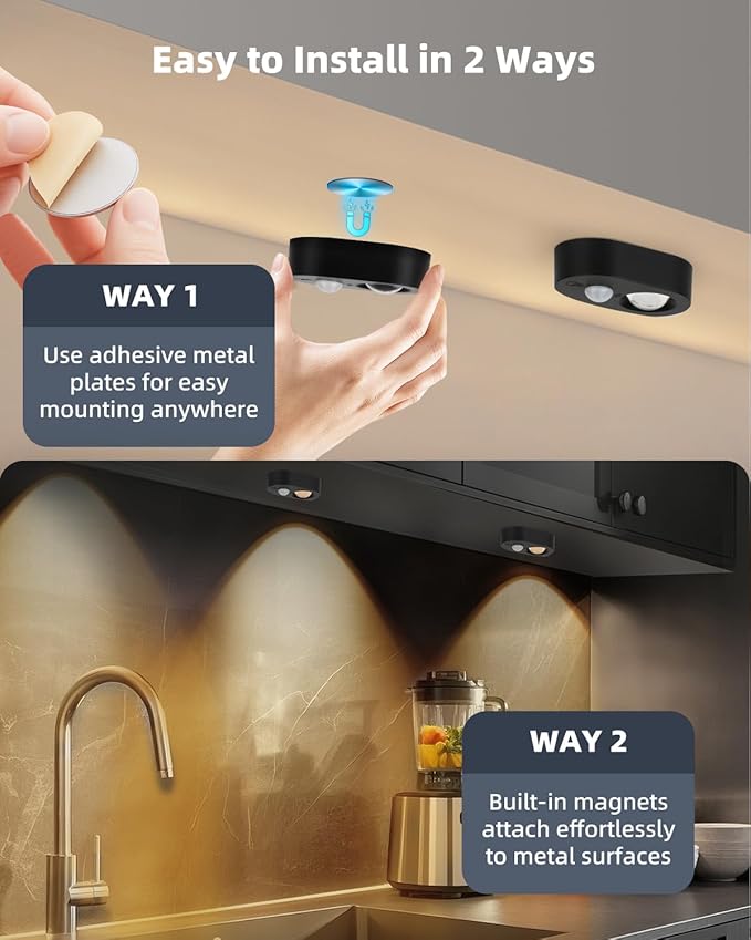 Yiliaw LED Motion Sensor Puck Lights Indoor, Small Rechargeable Under Cabinet Lighting, Dimmable Warm White Closet Lights, Stick on Wireless Night Light for Drawer, Shelf, Kitchen, Black (6 Pack)