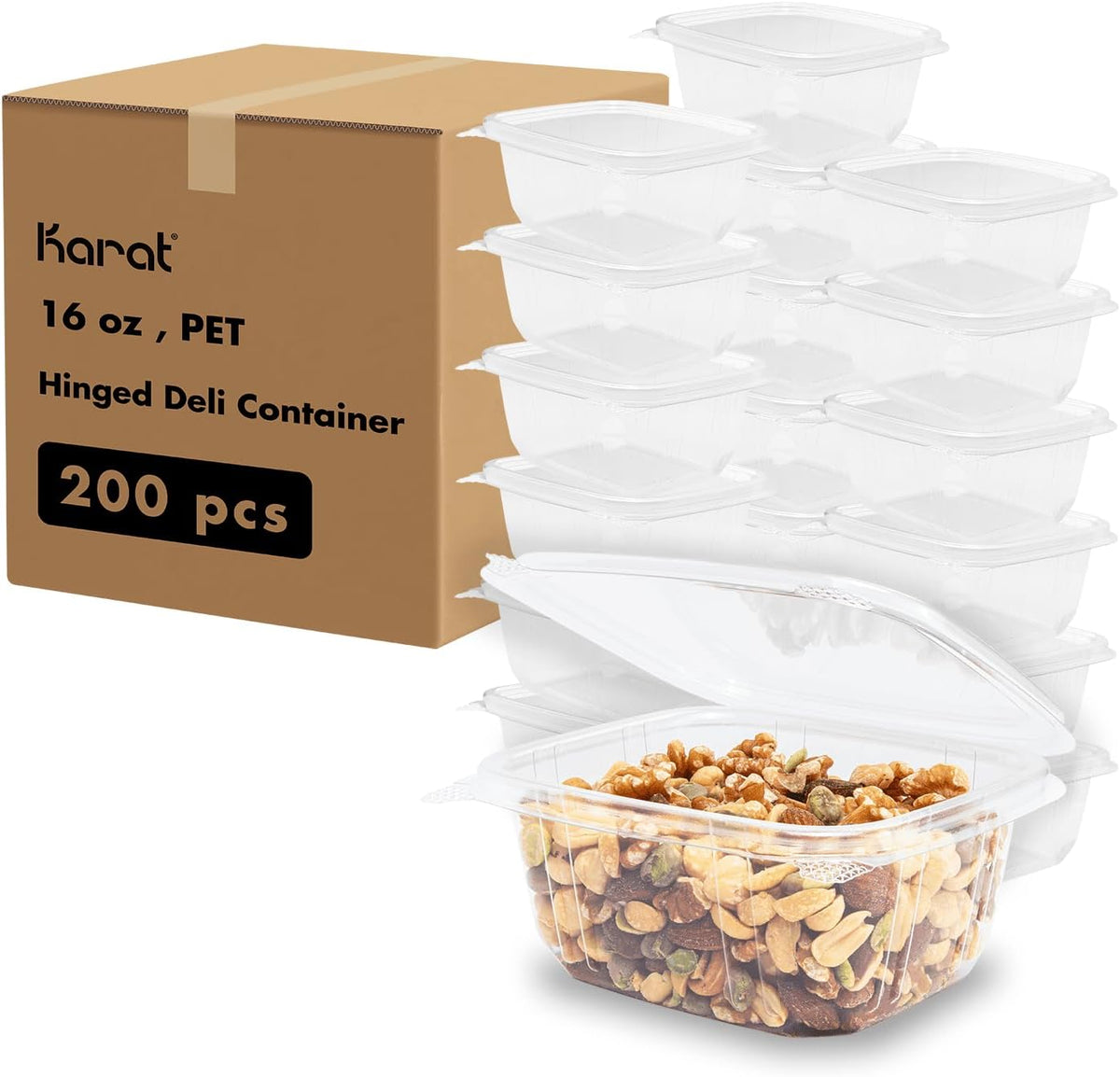 Karat PET Hinged Deli Containers with Lids - Perfect for Pasta Salads, Fruit, Deli Sides, and Home Meal Prep - Clear Plastic Food Containers, Take Out Containers (16oz)