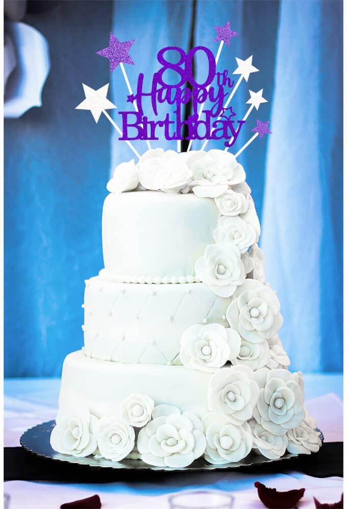 Glittery 80th Happy Birthday Cake Topper with Star,Personalised 80 Birthday Cake Toppers Party Decorations Party Supplies for Men Women Purple Silver