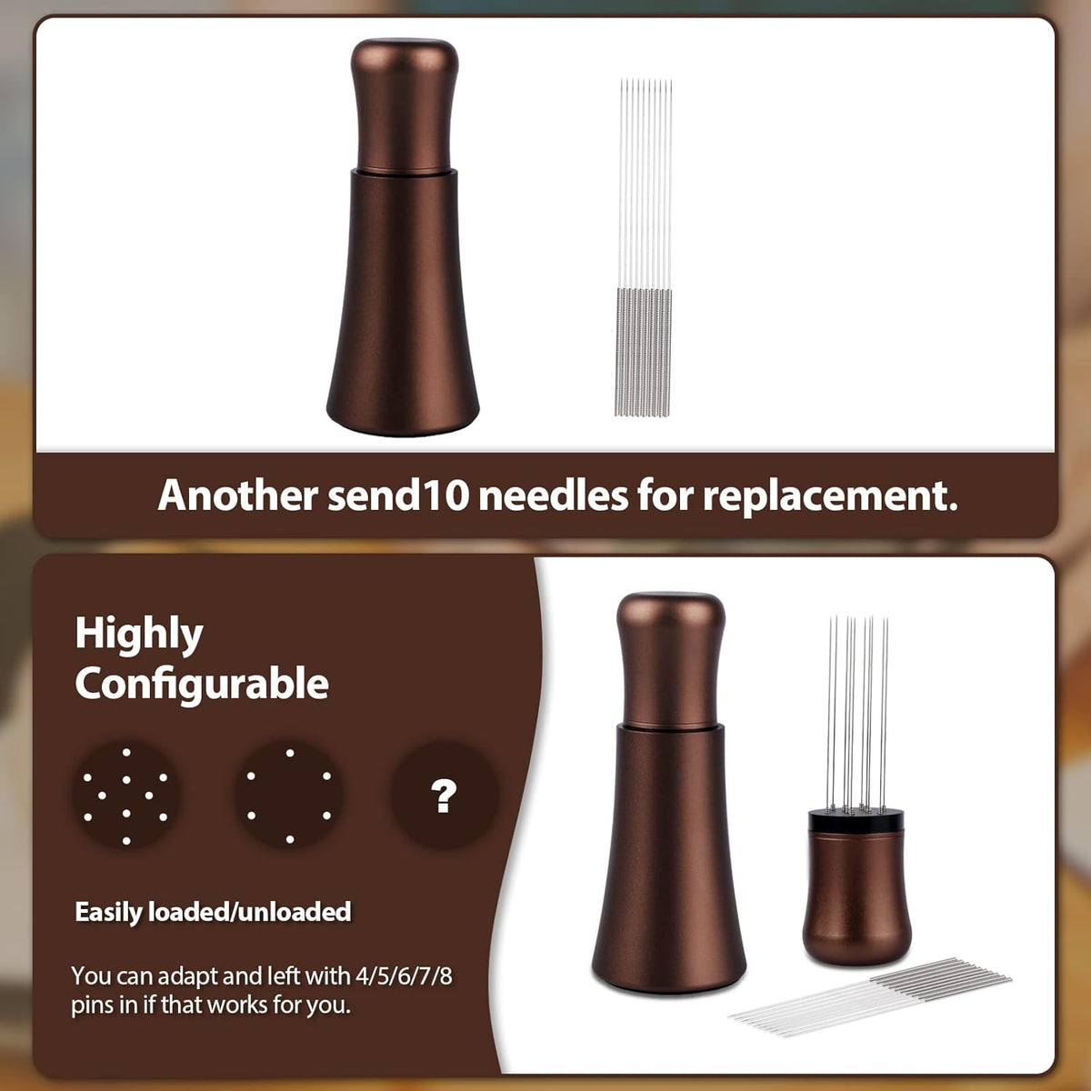 WDT tool, Espresso Distribution tools, 10 x 0.35mm 304 Stainless Steel Needles Installed with 10 Extra needles for Espresso Stirrer Replacement, Aluminum Alloy Handle with Stand (Matte Brown)