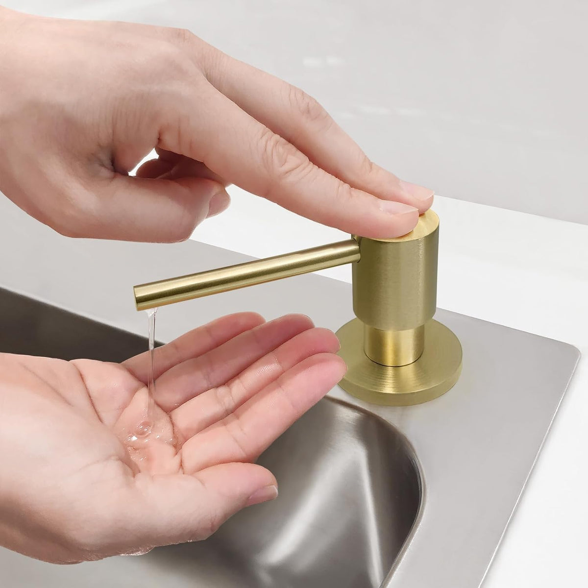 Brushed Gold All Brass Sink Soap Dispenser for Kitchen Sink Deck Mounted with 17 OZ Above The Sink Refillable PET Bottle Brass Pump Head in Counter Dish Soap Dispenser