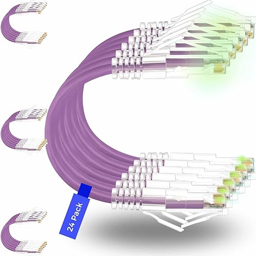 Rapink Patch Cables Cat6/ Cat6a 1ft (24 Pack) Slim, Cat6a Ethernet Patch Cable 10G Support, Snagless Cat 6 Patch Cable for Patch Panel to Switch, Flexiable Cat6 Ethernet Cable Purple