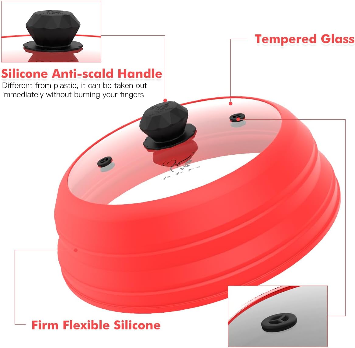 Microwave Splatter Cover Vented Glass Splatter Guard Lid with Collapsible Silicone for Food as Pot Cover 11.8 inch Large Plate for 6 7 8 9 10 11 inch Plate Bowl Red