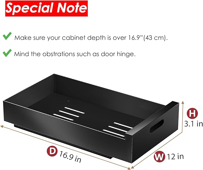 HBL' 2 Pack | 16.9" Deep Pull Out Cabinet Organizer Adhesive, 12-Inch Wide Sturdy Carbon Steel Roll-Out Drawers for Face Frame or Frameless Cabinets, Slide-Out Shelves for Pantry.