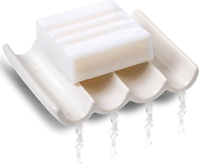 Soap Dish, Draining Ceramic Soap Holder Fluted Design Bar Soap Holder for Shower Bathroom, Soap Saver, Gift for Women Man, White 1 Pcs