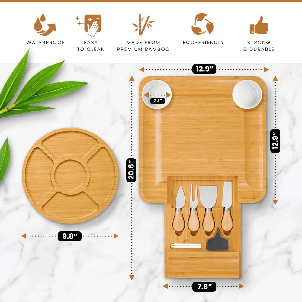 Leaf and Grain Charcuterie Board Set - Premium Bamboo Cheese Board – Perfect Charcuterie Boards Accessories for Bridal Shower Gifts, Wedding Gifts & Housewarming – Elegant Cheese Platter (Natural)