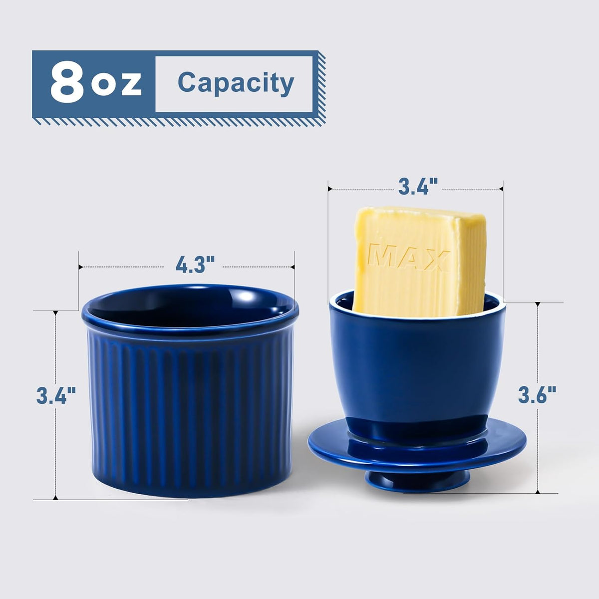 Large Butter Crock Bell for Counter with Water Line, Butter Keeper, Ceramic French Butter Dish Holder for Fresh Spreadable Soft Butter (Blue, 8 Ounce)
