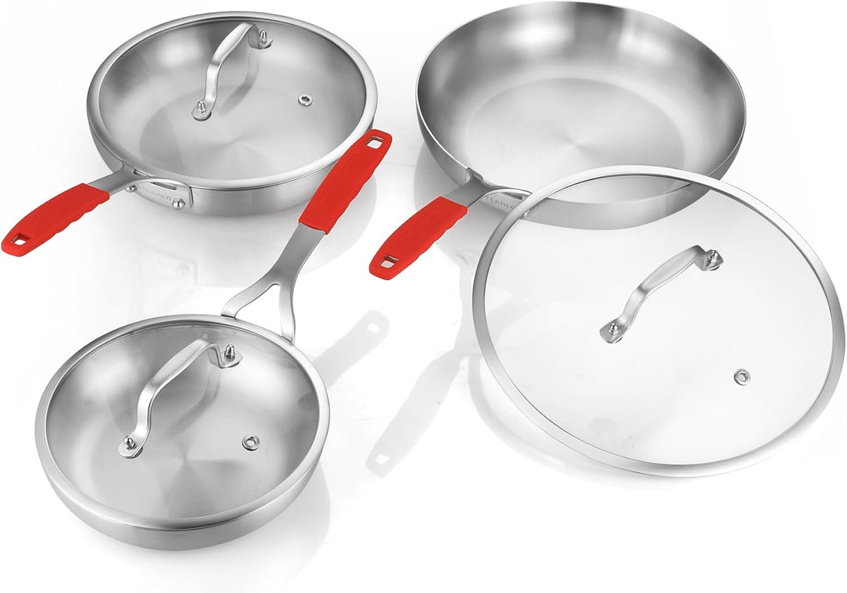 DELARLO Tri-ply Stainless Steel Frying Pan Set with Lid 8" 10" 12" large Skillets Induction Chef's Pan,Pots and Pans Set Kitchen Cookware Frying Pan Set Dishwasher and Oven Safe